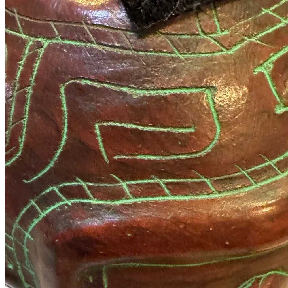 Handmade Red Clay Pottery Vessel Incised Tribal Face Design Green Accents 5